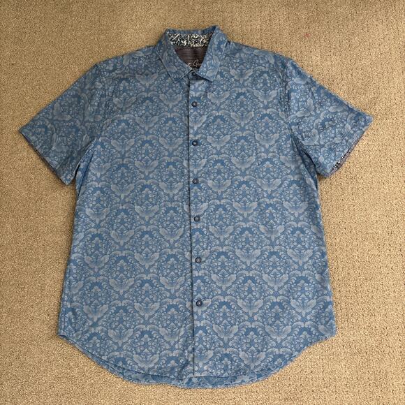 Robert Graham Shirt Mens Sz L Blue Paisley Floral Short Sleeve Cotton Button Up - Picture 1 of 10
